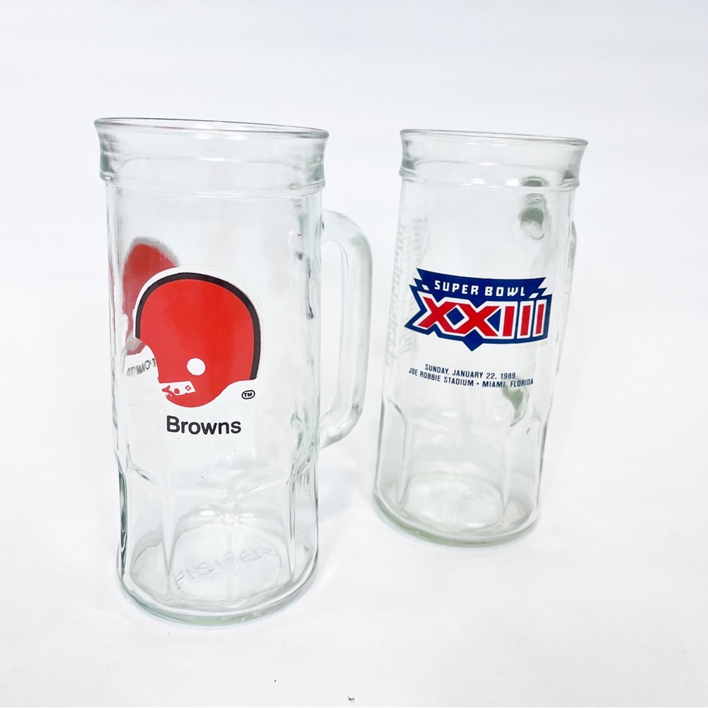 VTG Fisher Glass Mugs Cleveland Browns & Super Bowl XXlll 1989 Collector
